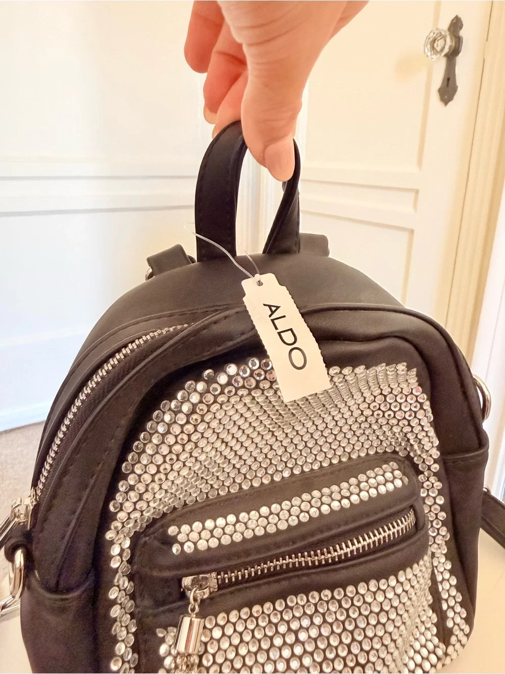 ALDO Black Mini Backpack with Silver Rhinestone Panels